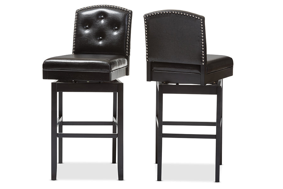 Baxton Studio Ginaro Modern and Contemporary Dark Brown Faux Leather Button-tufted Upholstered Swivel Bar Stool (Set of 2)