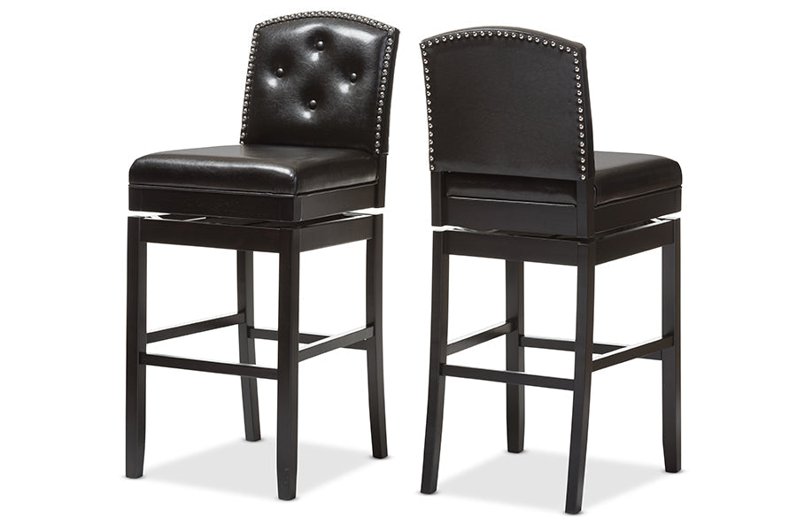Baxton Studio Ginaro Modern and Contemporary Dark Brown Faux Leather Button-tufted Upholstered Swivel Bar Stool (Set of 2)