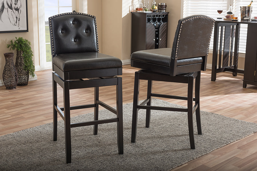 Baxton Studio Ginaro Modern and Contemporary Dark Brown Faux Leather Button-tufted Upholstered Swivel Bar Stool (Set of 2)