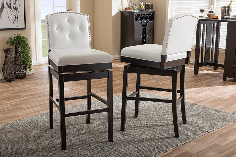 Baxton Studio Ginaro Modern and Contemporary White Faux Leather Button-tufted Upholstered Swivel Bar Stool (Set of 2)