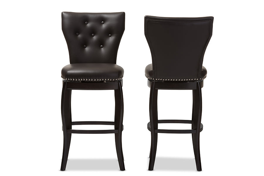 Baxton Studio Leonice Modern and Contemporary Dark Brown Faux Leather Upholstered Button-tufted 29-Inch Swivel Bar Stool (Set of 2)