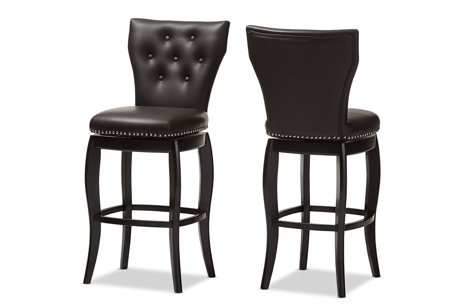 Baxton Studio Leonice Modern and Contemporary Dark Brown Faux Leather Upholstered Button-tufted 29-Inch Swivel Bar Stool (Set of 2)