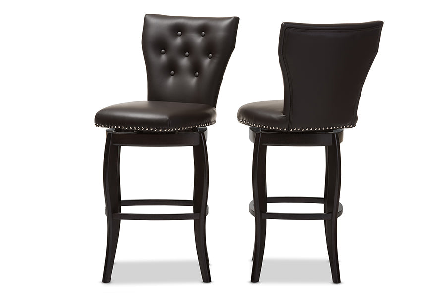 Baxton Studio Leonice Modern and Contemporary Dark Brown Faux Leather Upholstered Button-tufted 29-Inch Swivel Bar Stool (Set of 2)