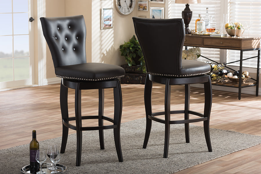 Baxton Studio Leonice Modern and Contemporary Dark Brown Faux Leather Upholstered Button-tufted 29-Inch Swivel Bar Stool (Set of 2)