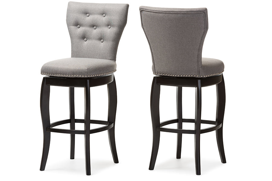 Baxton Studio Leonice Modern and Contemporary Grey Fabric Upholstered Button-tufted 29-Inch Swivel Bar Stool (Set of 2)