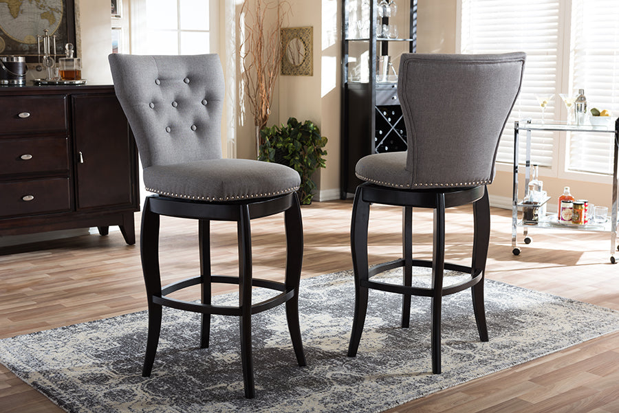 Baxton Studio Leonice Modern and Contemporary Grey Fabric Upholstered Button-tufted 29-Inch Swivel Bar Stool (Set of 2)