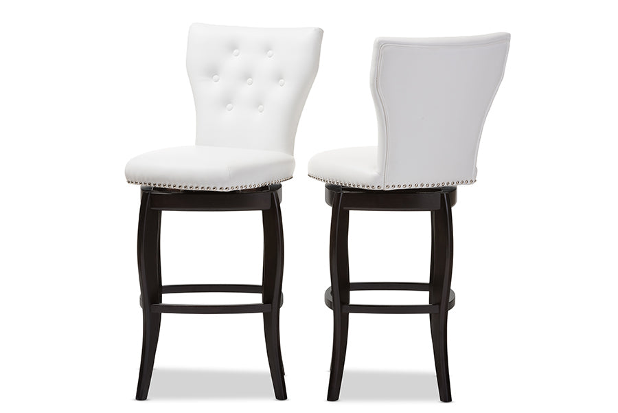 Baxton Studio Leonice Modern and Contemporary White Faux Leather Upholstered Button-tufted 29-Inch Swivel Bar Stool (Set of 2)