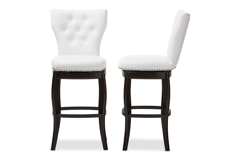 Baxton Studio Leonice Modern and Contemporary White Faux Leather Upholstered Button-tufted 29-Inch Swivel Bar Stool (Set of 2)