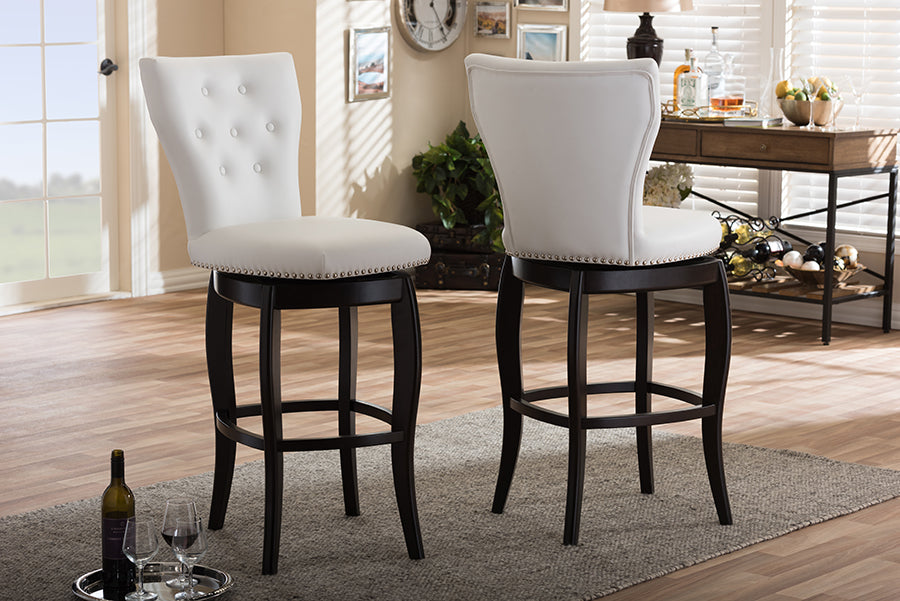 Baxton Studio Leonice Modern and Contemporary White Faux Leather Upholstered Button-tufted 29-Inch Swivel Bar Stool (Set of 2)