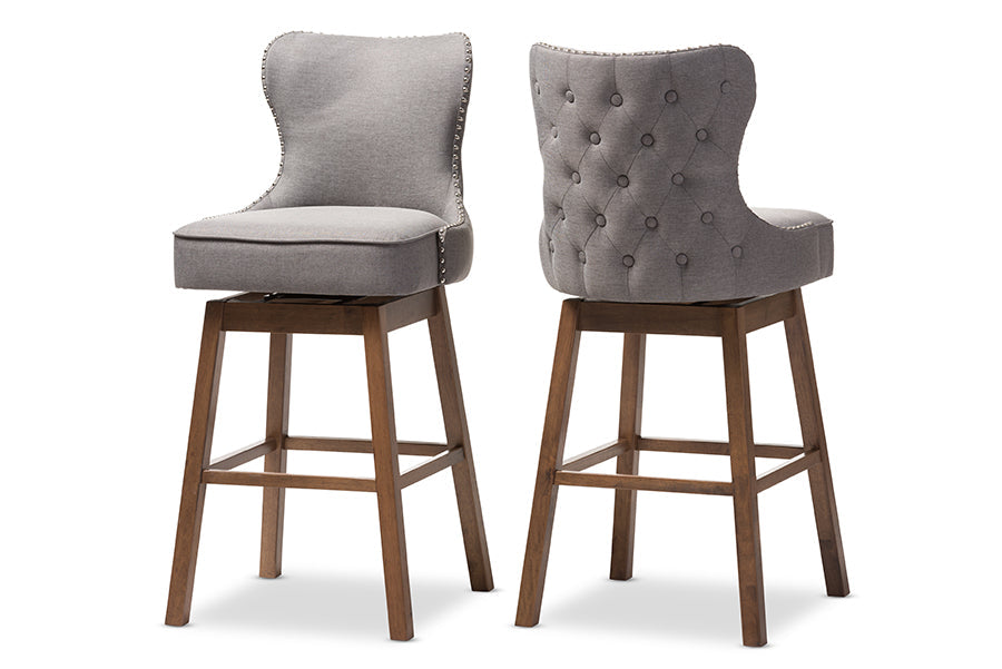 Baxton Studio Gradisca Modern and Contemporary Brown Wood Finishing and Grey Fabric Button-Tufted Upholstered Swivel Barstool