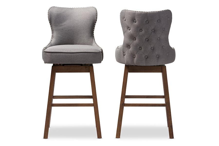 Baxton Studio Gradisca Modern and Contemporary Brown Wood Finishing and Grey Fabric Button-Tufted Upholstered Swivel Barstool