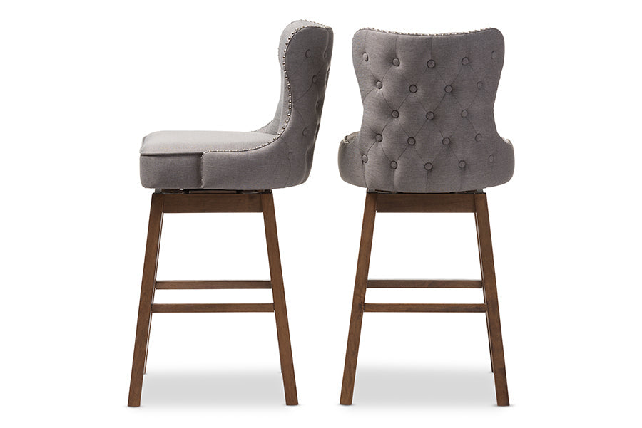 Baxton Studio Gradisca Modern and Contemporary Brown Wood Finishing and Grey Fabric Button-Tufted Upholstered Swivel Barstool