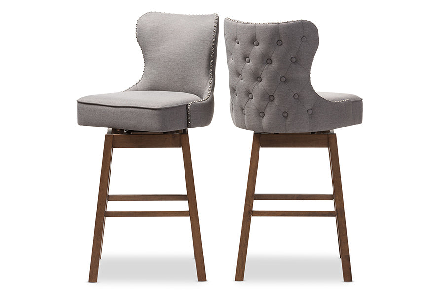 Baxton Studio Gradisca Modern and Contemporary Brown Wood Finishing and Grey Fabric Button-Tufted Upholstered Swivel Barstool