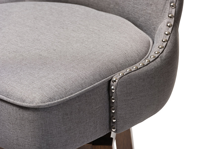 Baxton Studio Gradisca Modern and Contemporary Brown Wood Finishing and Grey Fabric Button-Tufted Upholstered Swivel Barstool
