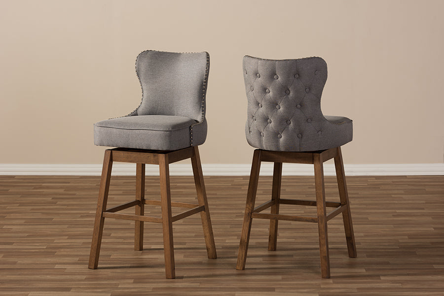 Baxton Studio Gradisca Modern and Contemporary Brown Wood Finishing and Grey Fabric Button-Tufted Upholstered Swivel Barstool
