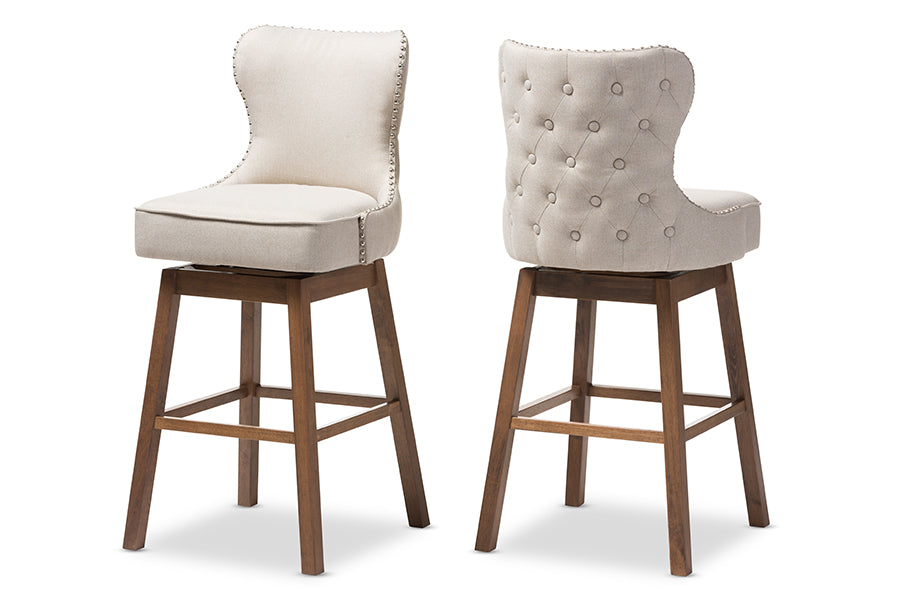 Baxton Studio Gradisca Modern and Contemporary Brown Wood Finishing and Light Beige Fabric Button-Tufted Upholstered Swivel Barstool