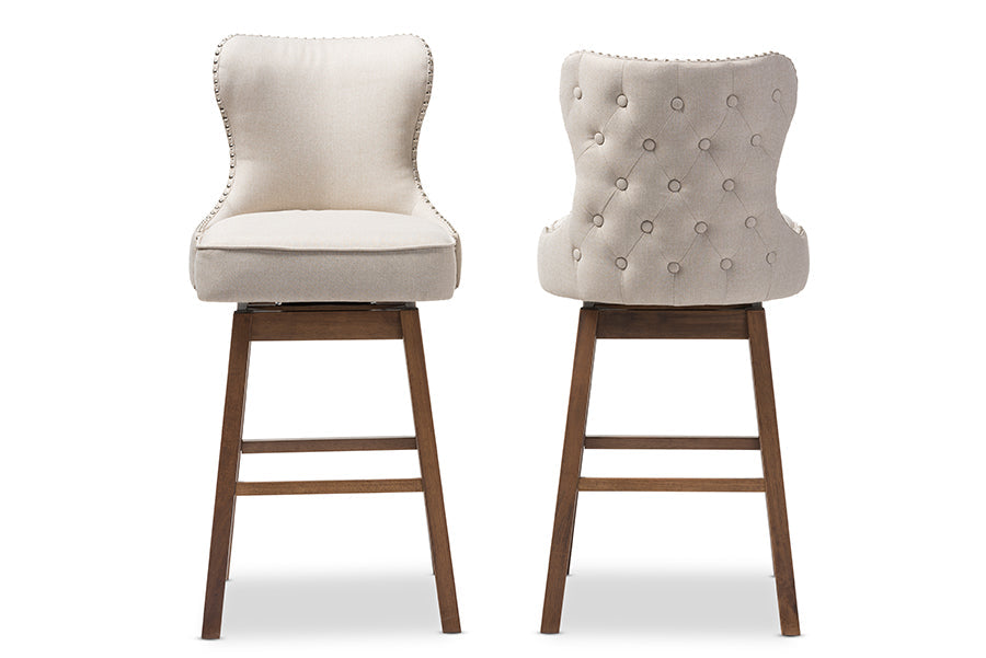 Baxton Studio Gradisca Modern and Contemporary Brown Wood Finishing and Light Beige Fabric Button-Tufted Upholstered Swivel Barstool