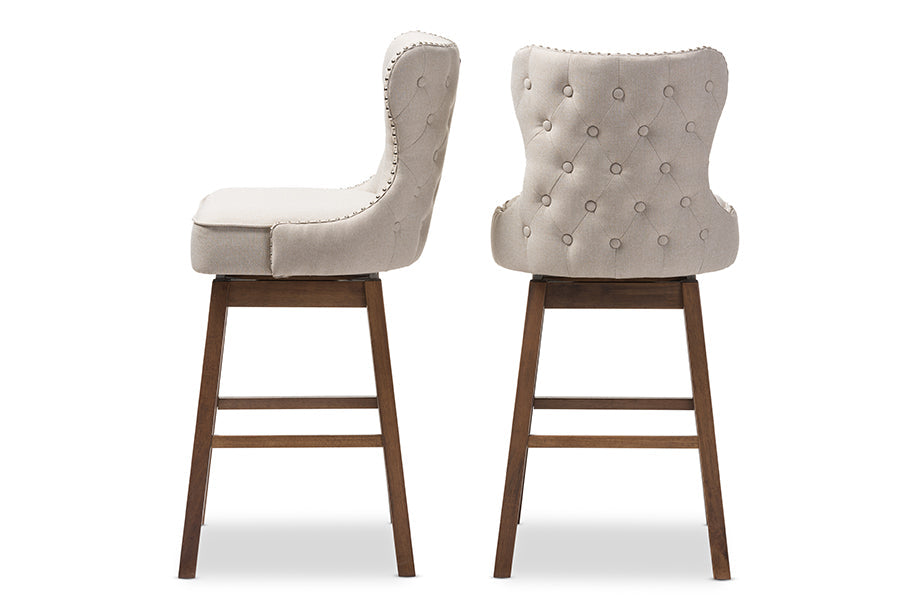 Baxton Studio Gradisca Modern and Contemporary Brown Wood Finishing and Light Beige Fabric Button-Tufted Upholstered Swivel Barstool