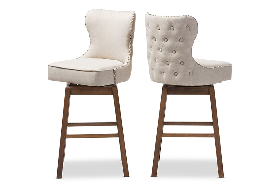 Baxton Studio Gradisca Modern and Contemporary Brown Wood Finishing and Light Beige Fabric Button-Tufted Upholstered Swivel Barstool