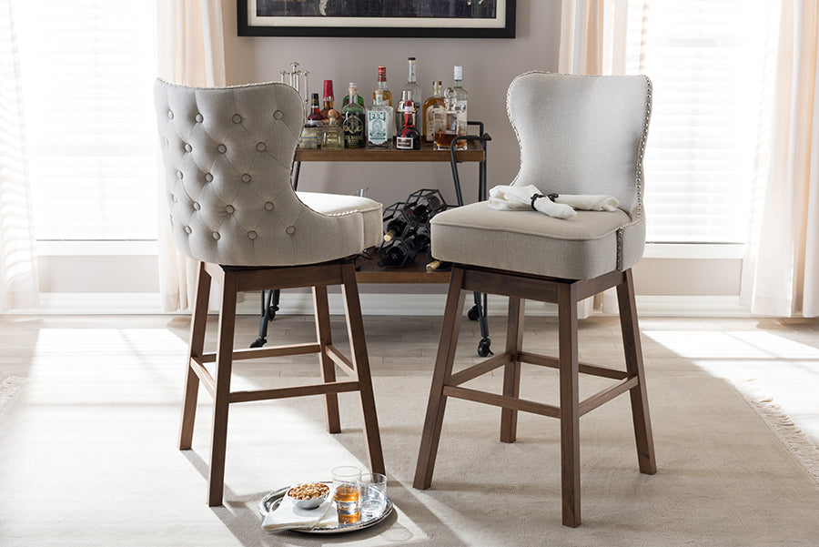 Baxton Studio Gradisca Modern and Contemporary Brown Wood Finishing and Light Beige Fabric Button-Tufted Upholstered Swivel Barstool