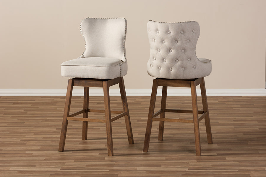 Baxton Studio Gradisca Modern and Contemporary Brown Wood Finishing and Light Beige Fabric Button-Tufted Upholstered Swivel Barstool
