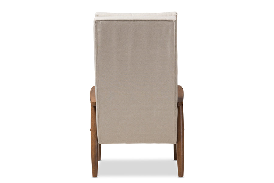 Baxton Studio Roxy Mid-Century Modern Walnut Brown Finish Wood and Light Beige Fabric Upholstered Button-Tufted High-Back Chair