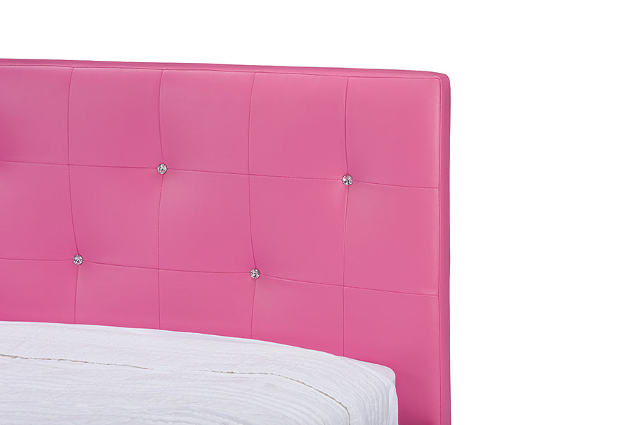 Baxton Studio Barbara Pink Leather Modern Full Size Bed with Crystal Button Tufting