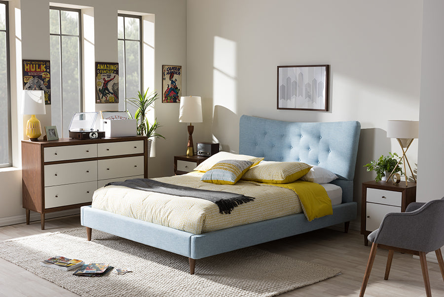Baxton Studio Hannah Mid-Century Modern Sky Blue King Size Fabric Platform Bed