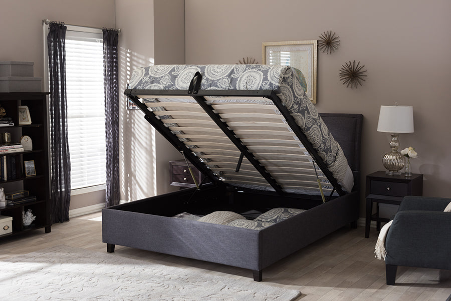 Baxton Studio Lea Modern and Contemporary Dark Grey Fabric Queen Size Storage Platform Bed
