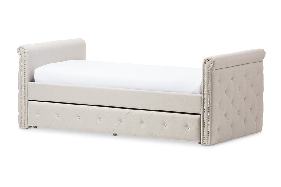 Baxton Studio Swamson Modern and Contemporary Beige Fabric Tufted Twin Size Daybed with Roll-out Trundle Guest Bed