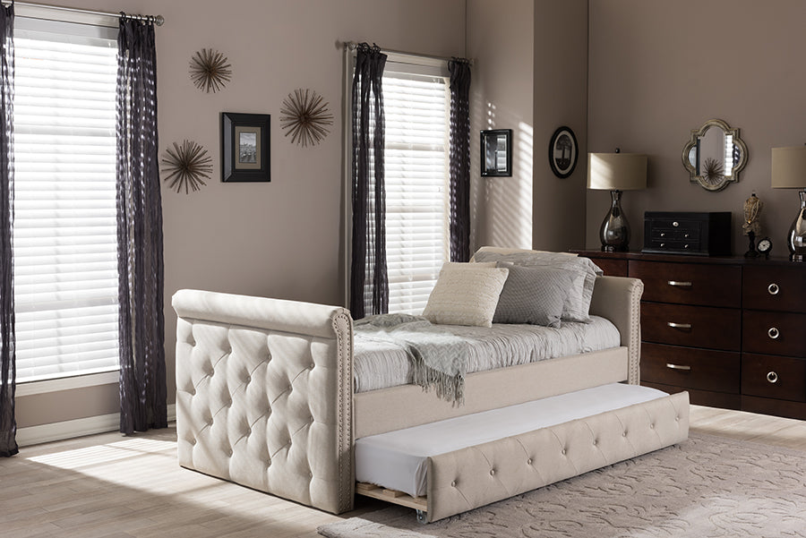 Baxton Studio Swamson Modern and Contemporary Beige Fabric Tufted Twin Size Daybed with Roll-out Trundle Guest Bed