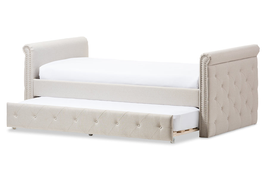 Baxton Studio Swamson Modern and Contemporary Beige Fabric Tufted Twin Size Daybed with Roll-out Trundle Guest Bed