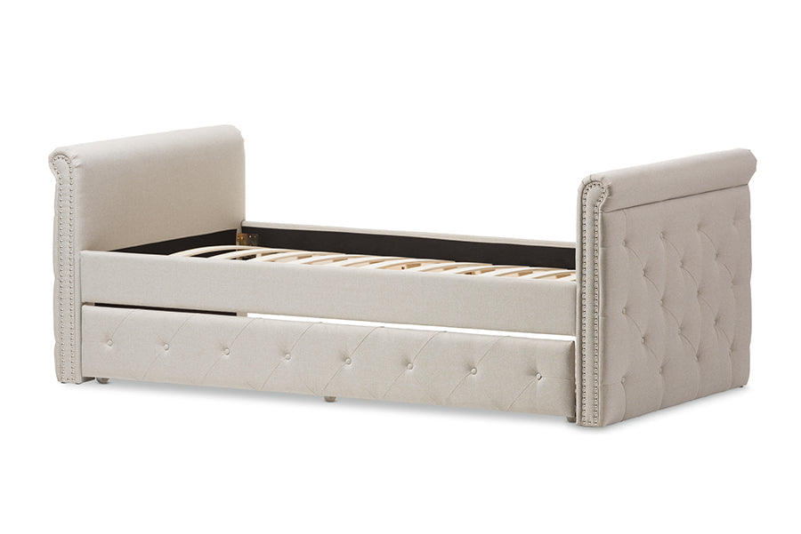 Baxton Studio Swamson Modern and Contemporary Beige Fabric Tufted Twin Size Daybed with Roll-out Trundle Guest Bed