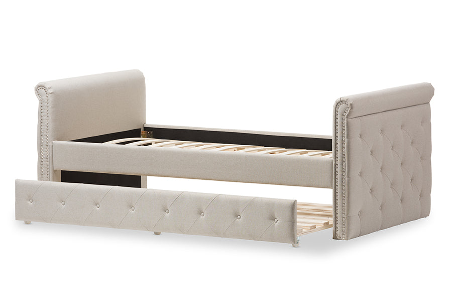 Baxton Studio Swamson Modern and Contemporary Beige Fabric Tufted Twin Size Daybed with Roll-out Trundle Guest Bed