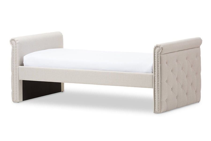 Baxton Studio Swamson Modern and Contemporary Beige Fabric Tufted Twin Size Daybed with Roll-out Trundle Guest Bed