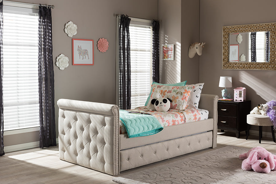 Baxton Studio Swamson Modern and Contemporary Beige Fabric Tufted Twin Size Daybed with Roll-out Trundle Guest Bed