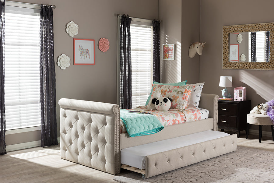 Baxton Studio Swamson Modern and Contemporary Beige Fabric Tufted Twin Size Daybed with Roll-out Trundle Guest Bed