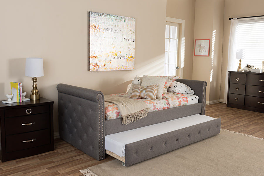 Baxton Studio Swamson Modern and Contemporary Grey Fabric Tufted Twin Size Daybed with Roll-out Trundle Guest Bed
