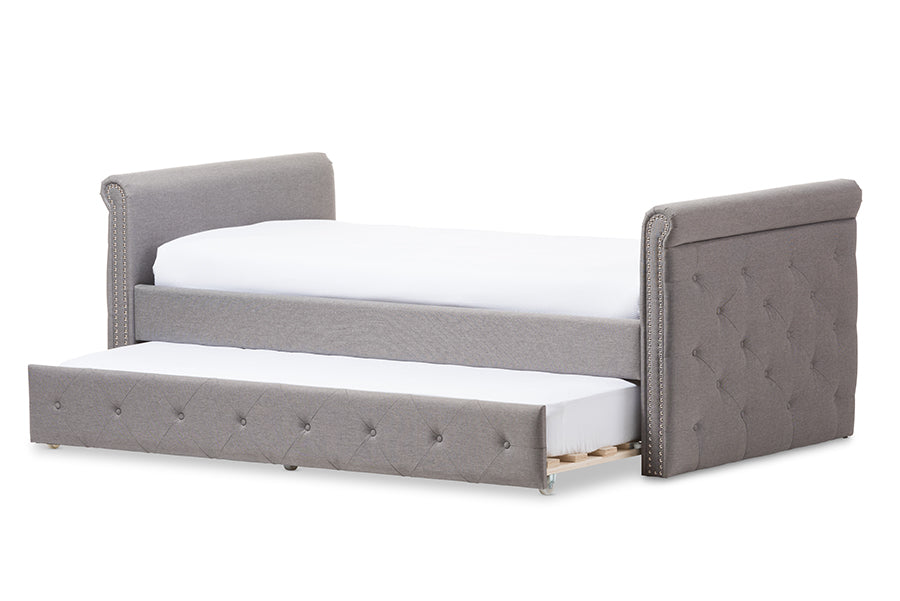 Baxton Studio Swamson Modern and Contemporary Grey Fabric Tufted Twin Size Daybed with Roll-out Trundle Guest Bed