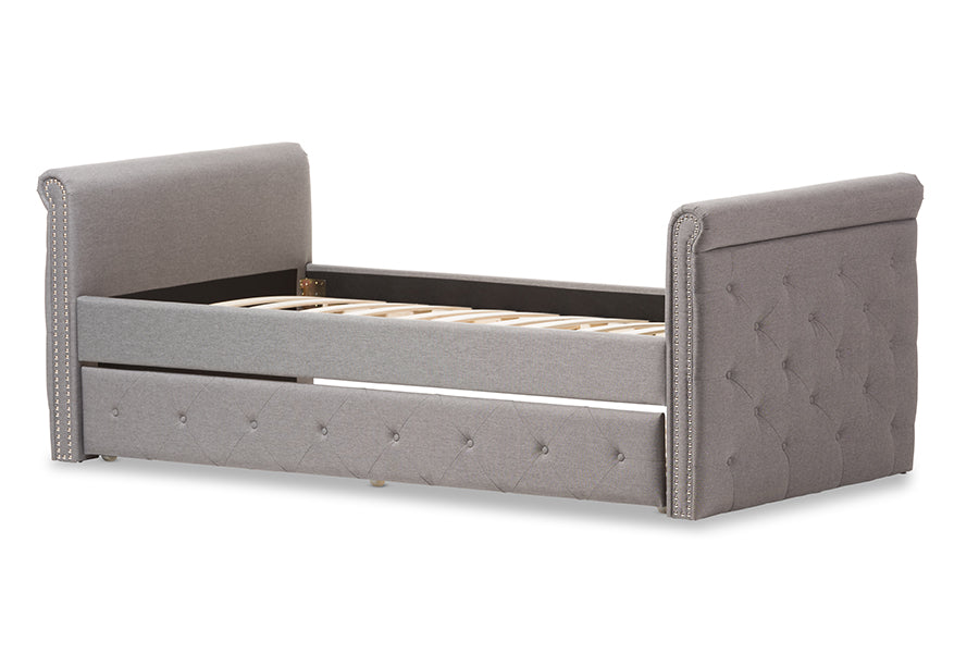 Baxton Studio Swamson Modern and Contemporary Grey Fabric Tufted Twin Size Daybed with Roll-out Trundle Guest Bed