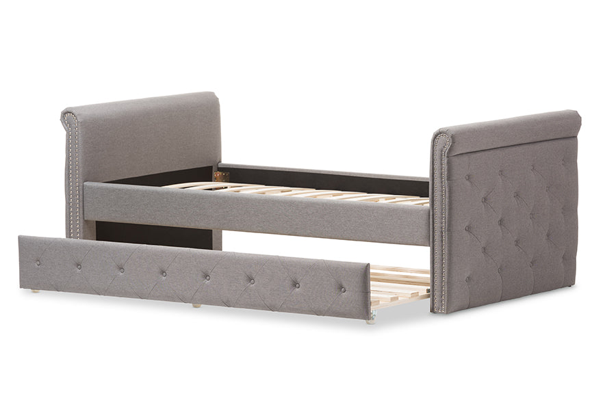 Baxton Studio Swamson Modern and Contemporary Grey Fabric Tufted Twin Size Daybed with Roll-out Trundle Guest Bed