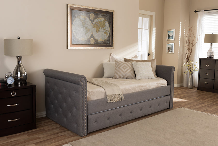 Baxton Studio Swamson Modern and Contemporary Grey Fabric Tufted Twin Size Daybed with Roll-out Trundle Guest Bed