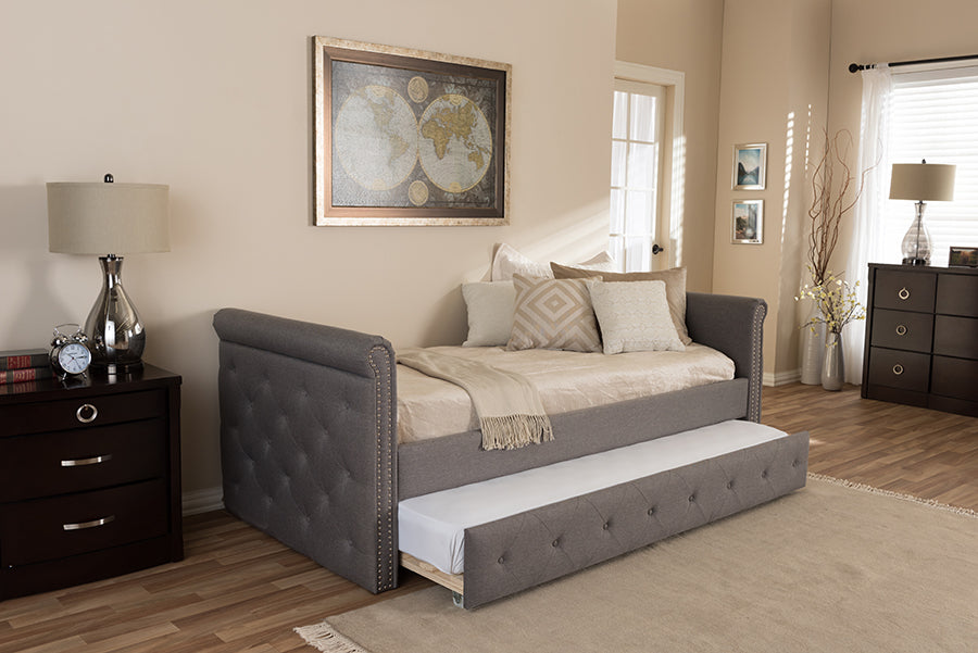Baxton Studio Swamson Modern and Contemporary Grey Fabric Tufted Twin Size Daybed with Roll-out Trundle Guest Bed