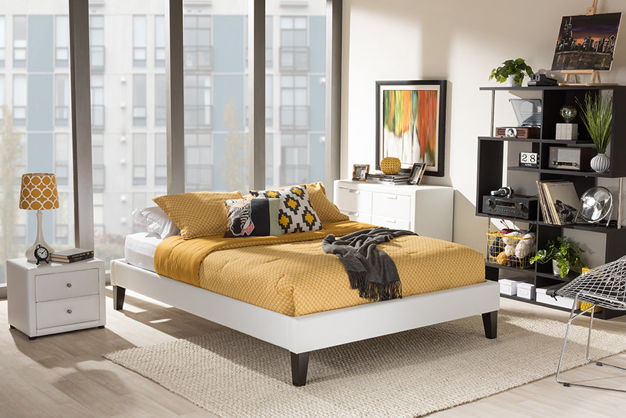 Baxton Studio Lancashire Modern and Contemporary White Faux Leather Upholstered Full Size Bed Frame with Tapered Legs