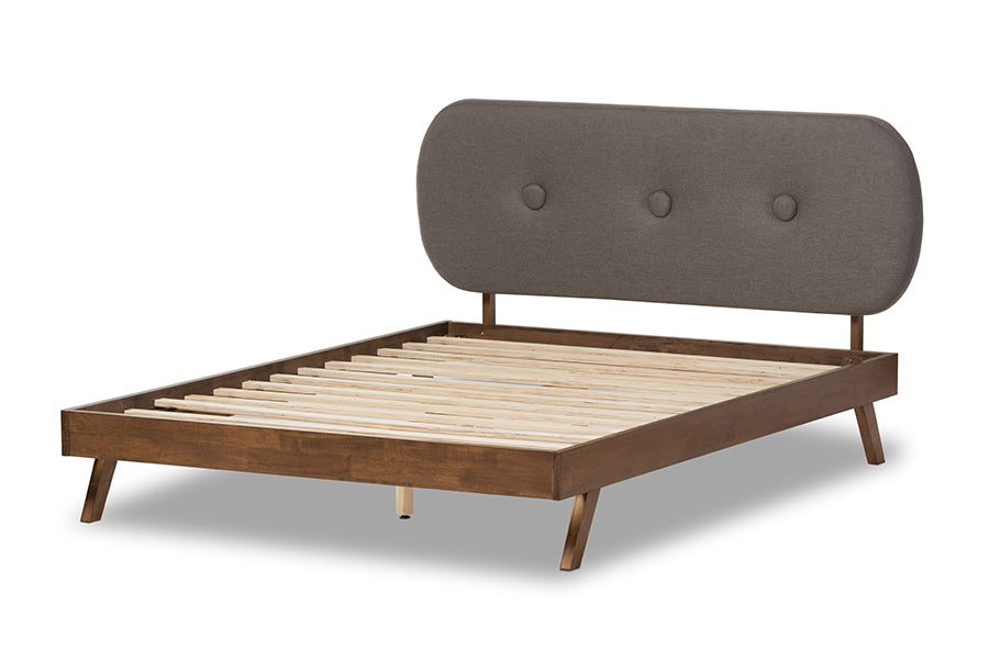 Baxton Studio Penelope Mid-Century Modern Solid Walnut Wood Grey Fabric Upholstered Full Size Platform Bed
