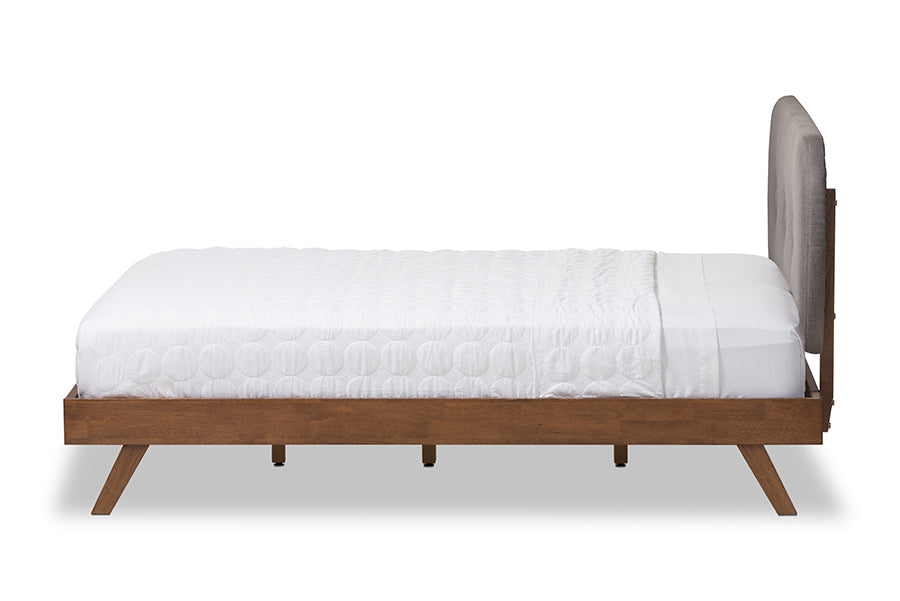 Baxton Studio Penelope Mid-Century Modern Solid Walnut Wood Grey Fabric Upholstered King Size Platform Bed
