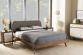 Baxton Studio Penelope Mid-Century Modern Solid Walnut Wood Grey Fabric Upholstered King Size Platform Bed