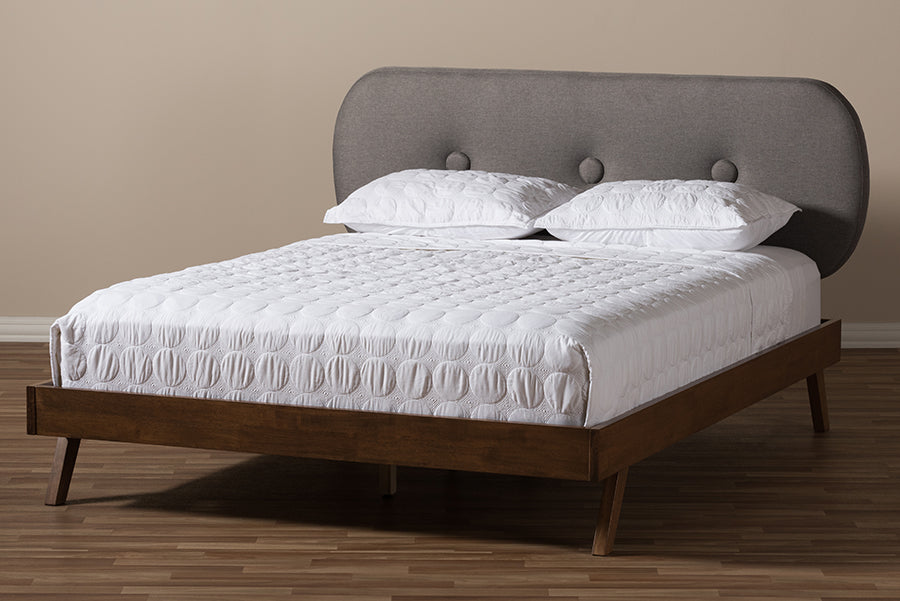 Baxton Studio Penelope Mid-Century Modern Solid Walnut Wood Grey Fabric Upholstered King Size Platform Bed