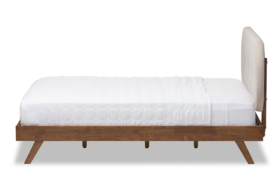 Baxton Studio Penelope Mid-Century Modern Solid Walnut Wood Light Beige Fabric Upholstered Queen Size Platform Bed