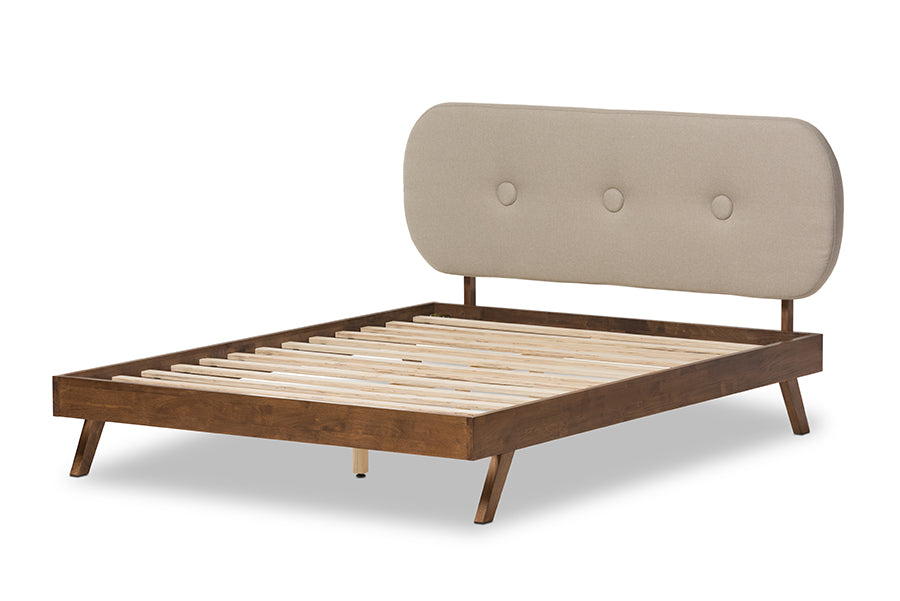 Baxton Studio Penelope Mid-Century Modern Solid Walnut Wood Light Beige Fabric Upholstered Queen Size Platform Bed